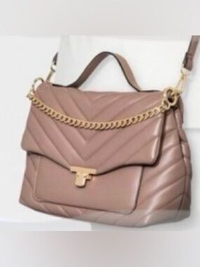Taupe Quilted Shoulder Bag with Gold Chain